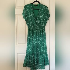 NWOT Women's Kelly Green Polka Dot Dress Ruffles Sheer Sleeves Ryan Michelle L